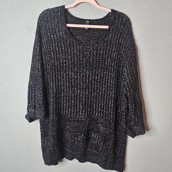 GNW Womens Plus 2X Black Sweater‎ Silver Tinsel Sparkle Threading Oversized - Picture 1 of 10